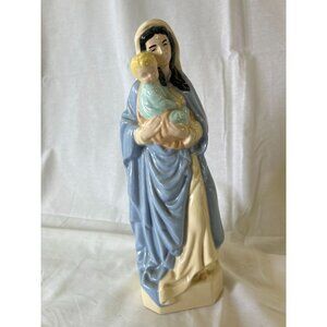 Vintage Ceramic Virgin Mary Holding Baby Jesus Figurine 15" Religious Decor Blue